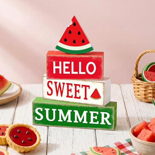 GlikCeil 4 Pcs Summer Watermelon Wood Block Table Sign Watermelon Table Decorations Centerpieces Farmhouse Rustic Tiered Summer Tray Decor for Home Office Desk Kitchen Shelf Decor - style: Watermelon