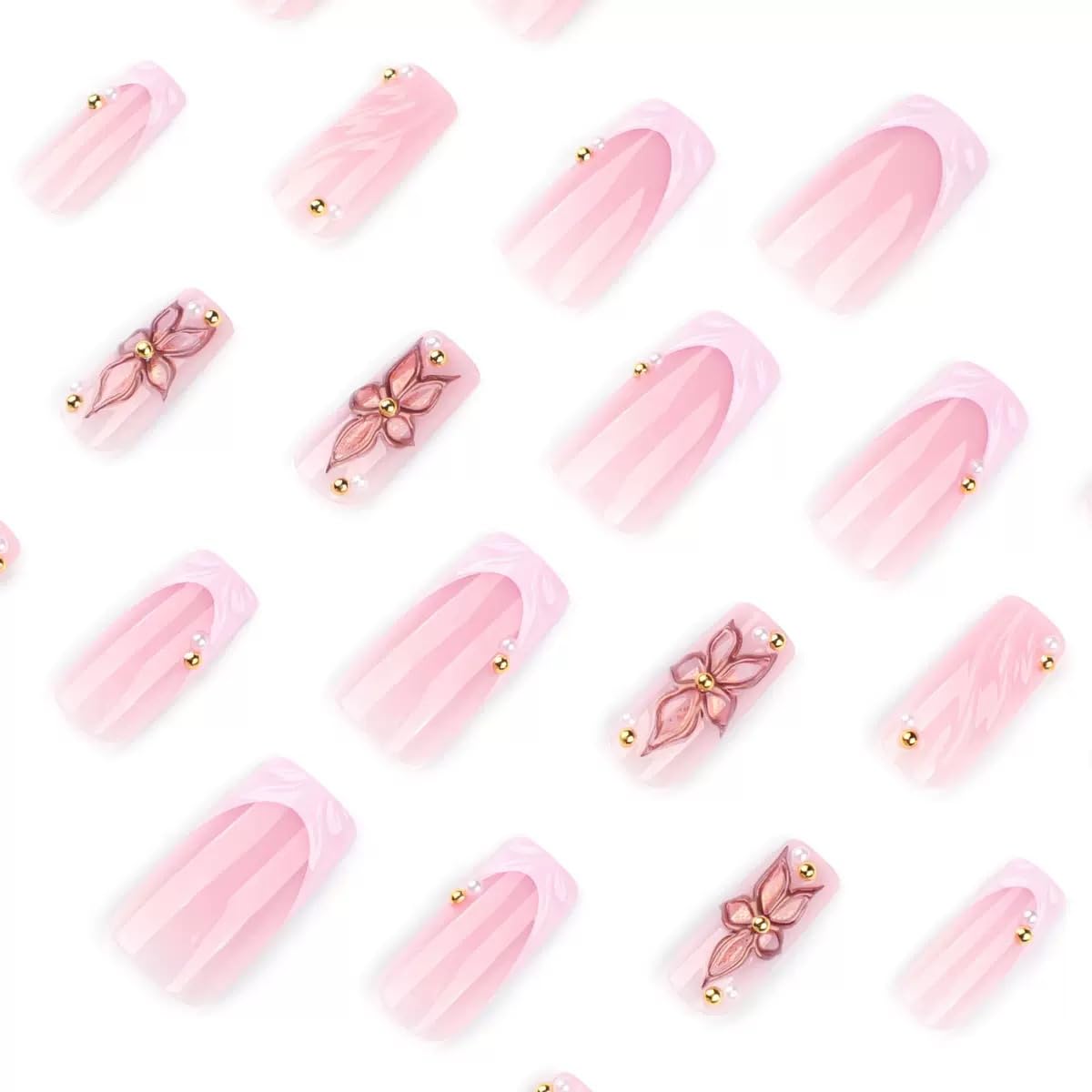 CTTHNBD Medium Press on Nails Square - Pink French Tip Fake Nails with Flower Design - Summer Full Cover Stick on Nails for Women - 24 Pcs
