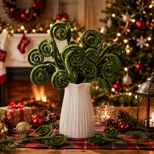 Daifunli 12 Pcs Curly Christmas Tree Picks Velvet Curl Decoration Spiral Curly Tree Topper Ornaments DIY Crafts for Wreath Fireplaces Vase Filler Holiday Ornament, 12 Inch(Brown, Green, Milky White)