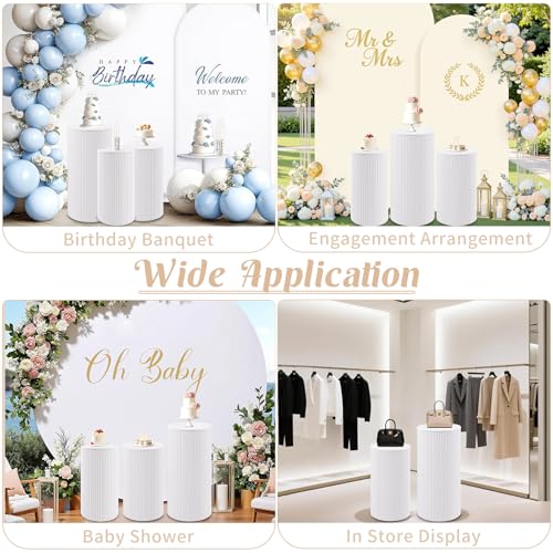 Metal Pleated Cylinder Pedestal Stands for Party, 3 Pieces Heavy Duty Round Cake Pedestal Stand Display Plinth Pillars Art Decor for Wedding Ceremony Birthday Party（Medium, White） - size: Xl:29.72"x14.17", L:23.82"x12.6", M:21.85"x11.02"