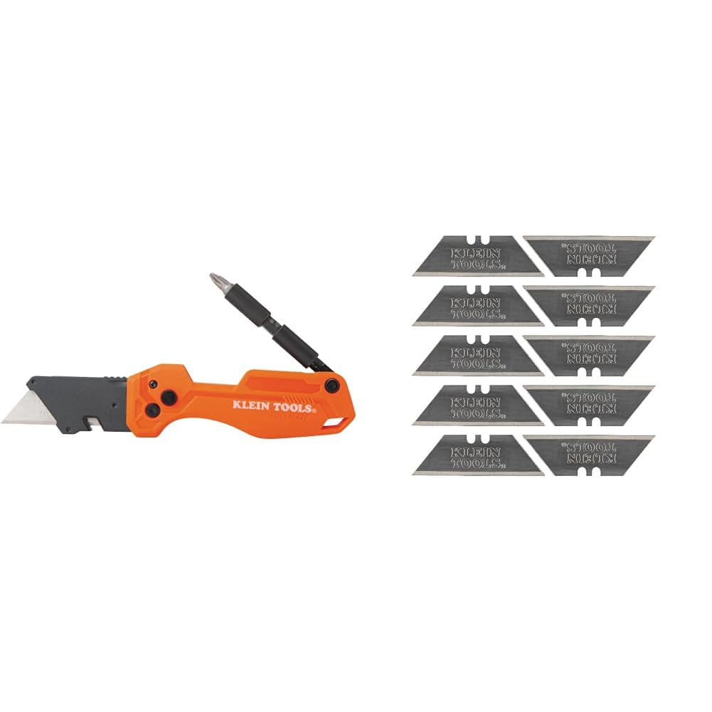 Klein Tools Folding Utility Knife with Impact Driver, Blades and Bits Bundle with 10-Pack Heavy-Duty Replacement Blades