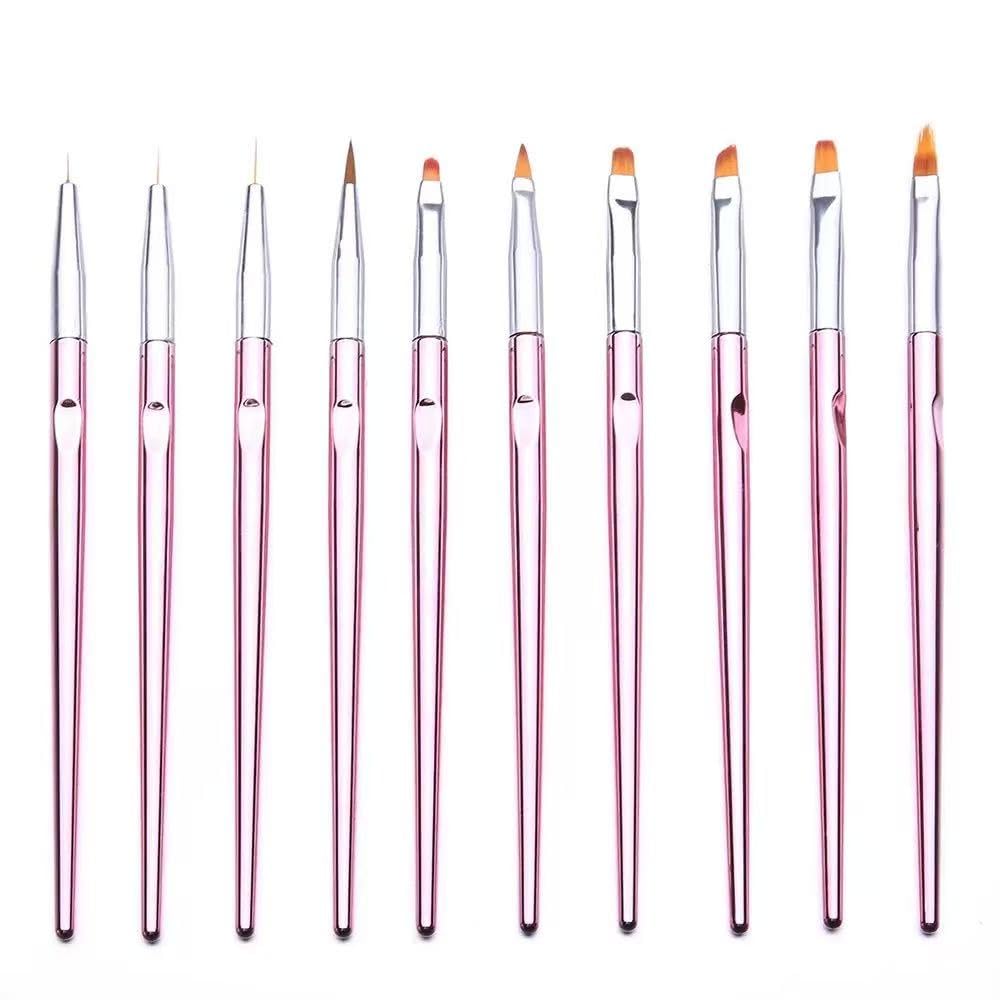 DAIXIANGER 10Pcs Pink Nail Art Brush Set, Professional Liner, Builder Gel & French Tip Brushes for Salon & DIY Manicure, UV Gel Application Tools for Precision Detail, Nail Extension & Ombre Designs