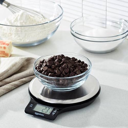 Amazon Basics Digital Kitchen Scale with LCD Display, Tare Function, Multiple Units, Weighs up to 11 Pounds, Batteries Included, Black and Stainless Steel