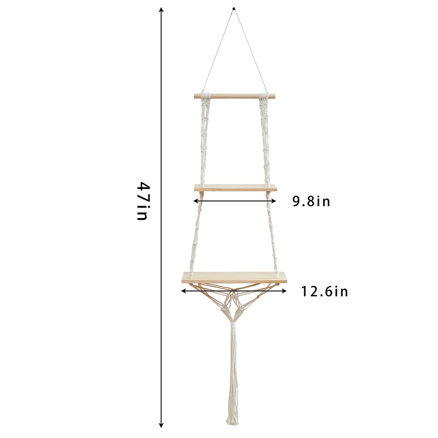 YYHTYZ 2 Tier Wooden Hanging Shelf, Boho Hand-Woven Cotton Wall Hanging Rack, Solid Wood Board, Featuring a Storage Net at the Bottom, Designed for Wall Mounting, Hanging Storage Shelves