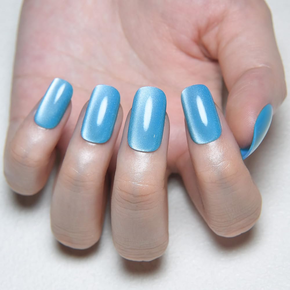 Aqua Blue Cat Eye Press on Nails Medium Square, Medium Square Press Stick on Nails Chrome for Women Gift, Aqua Blue Holographic Glitter Glossy Reusable Gel Acrylic Fake Nail with Designs Cateye Effect