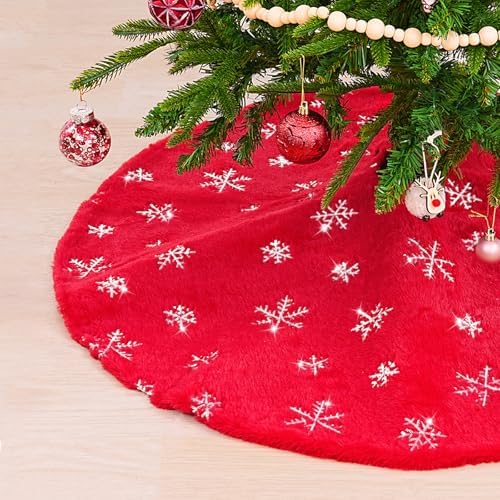 Red Plush Christmas Tree Skirt: 36 Inch Red Faux Fur Tree Skirt with Silver Sequin Snowflakes for Merry Christmas Party Tree Decorations