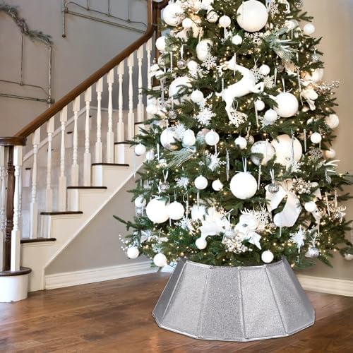 Blissun Fabric Christmas Tree Collar - Glittering Ring and Willow Skirt for Tree Decorations (Glitter Silver)