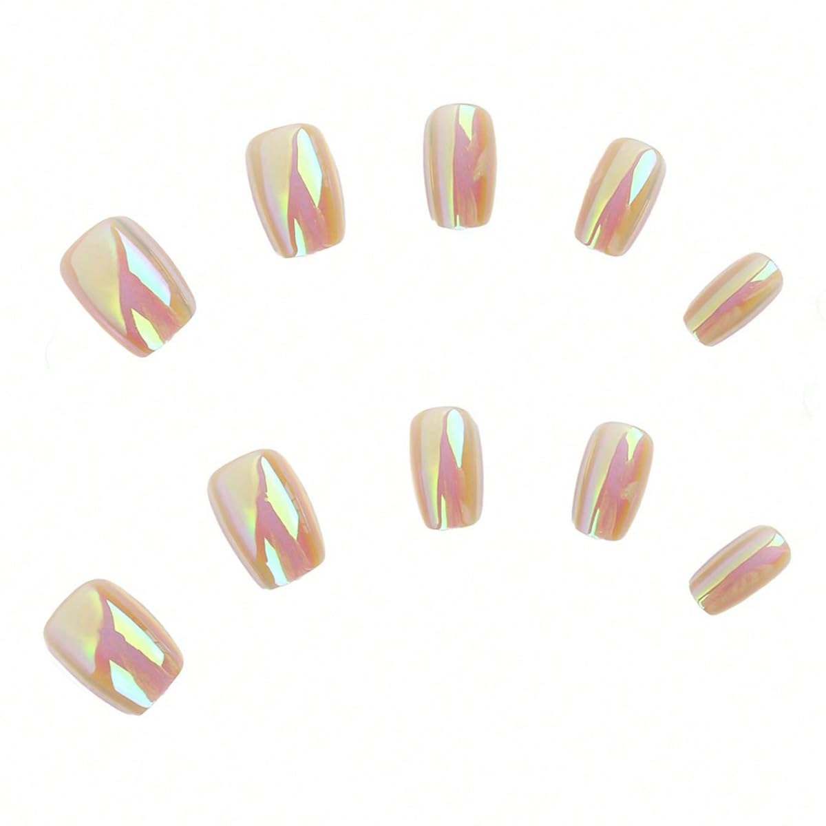 Chrome Press on Nails Short Square Fake Nails Glossy False Nails Aurora Acrylic Nails Reusable Full Cover Stick on Nails for Women Manicure