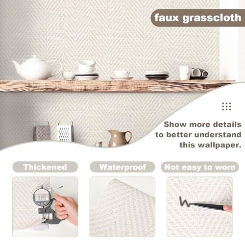 Rugreat Striped Grasscloth Wallpaper Peel and Stick Textured Grass Cloth Contact Paper for Cabinets Herringbone Fabric Wallpaper for Bedroom Beige Faux Linen Contact Paper Removable 393inL 17.3inW - size: 17.3" x 393"