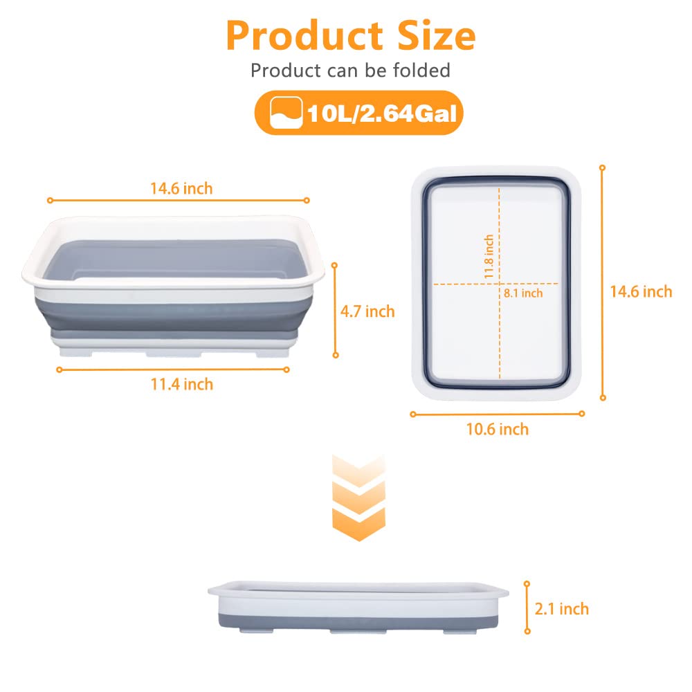 Goderewild Collapsible Dish Pans – 10L (2.6 Gal) Foldable Sink Tub, 14.5'' x 10.5'' x 5", Compact and Space-Saving Multiuse Foldable Basin for Dish Washing, Camping, RV and Vegetable Cleaning