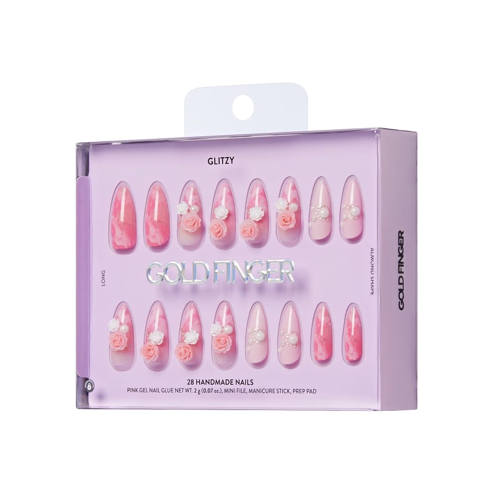 Glitzy 3D Handmade Press On Nail Kit, Rhinestone Gem Cloudy Pink Rose Long Almond False Nail, Reusable & Lasts Up To 2 Weeks, Seamless Snug Fit Technology, Includes Glue, File & 28Pcs Manicure Set