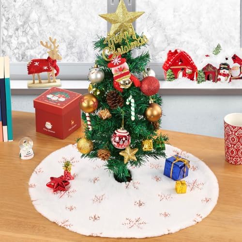 White Christmas Tree Skirt 24 Inch Small Faux Fur Rose Gold Snowflake Tree Skirt for Holiday Xmas Party Home Decorations