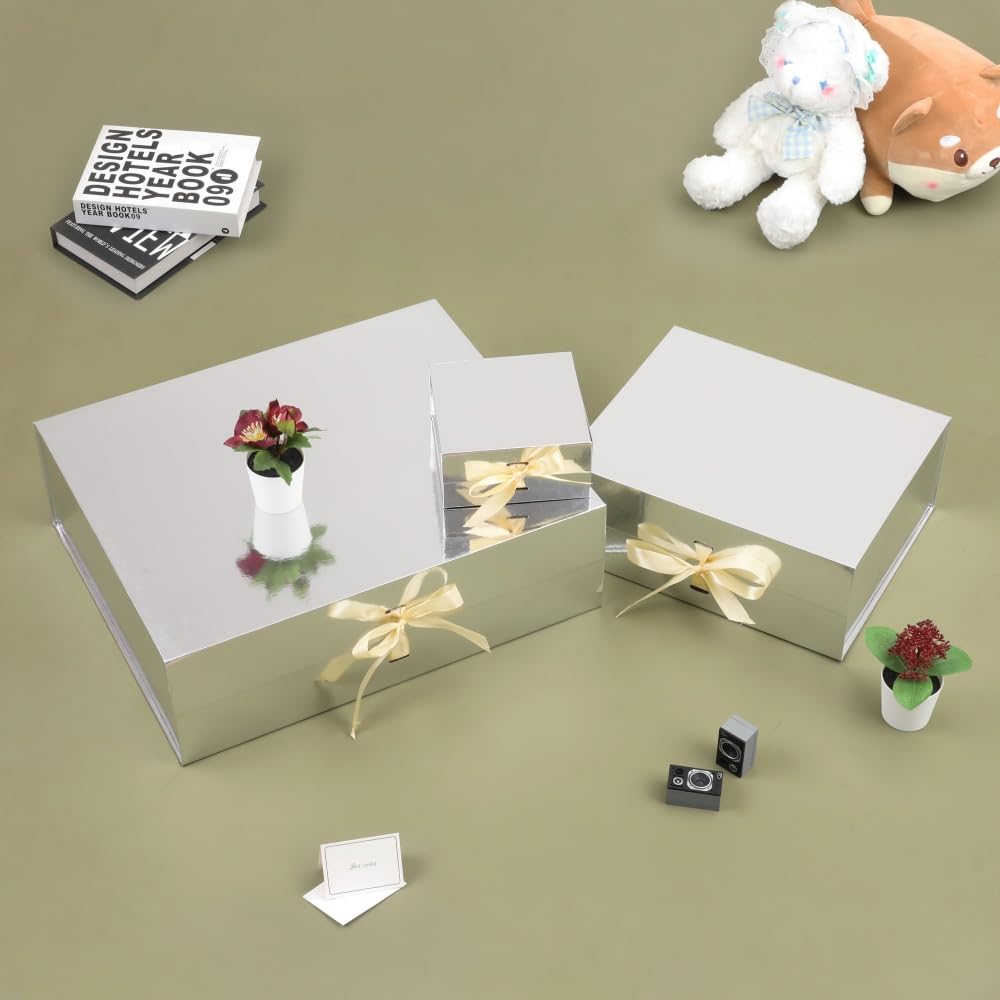 BoxSkivra Large Silver Gift Box with Ribbon 1 Pack 16.5X13X5.3 Inch Extra Large Gift Box with Lid Magnetic Closure Rectangle Collapsible Luxury Boxes for Wedding Dress、Shredded Paper Filler & Card