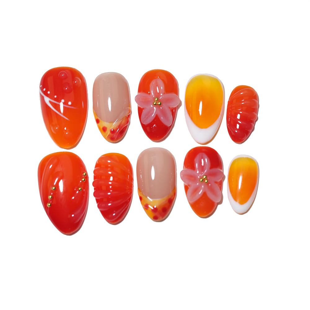 10 Short Almond Handmade Press On Nails | 3D Floral Gradient Color with Cute Starfish & Seashell,New styles for Autumn & Winter | Skip Salon Trips, Easy to Apply & Remove, Reusable(25106, XS)