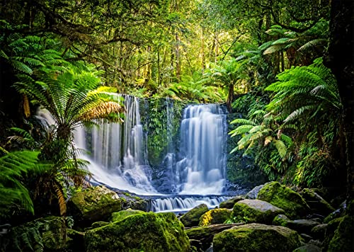 BELECO 5x3ft Fabric Jungel Forest Waterfall Photography Backdrop Tropical Rainforest Cascade Green Trees Landscape Background Walking Travel Outdoor Camping Activity Photo Shoot Studio Props - size: 5x3FT