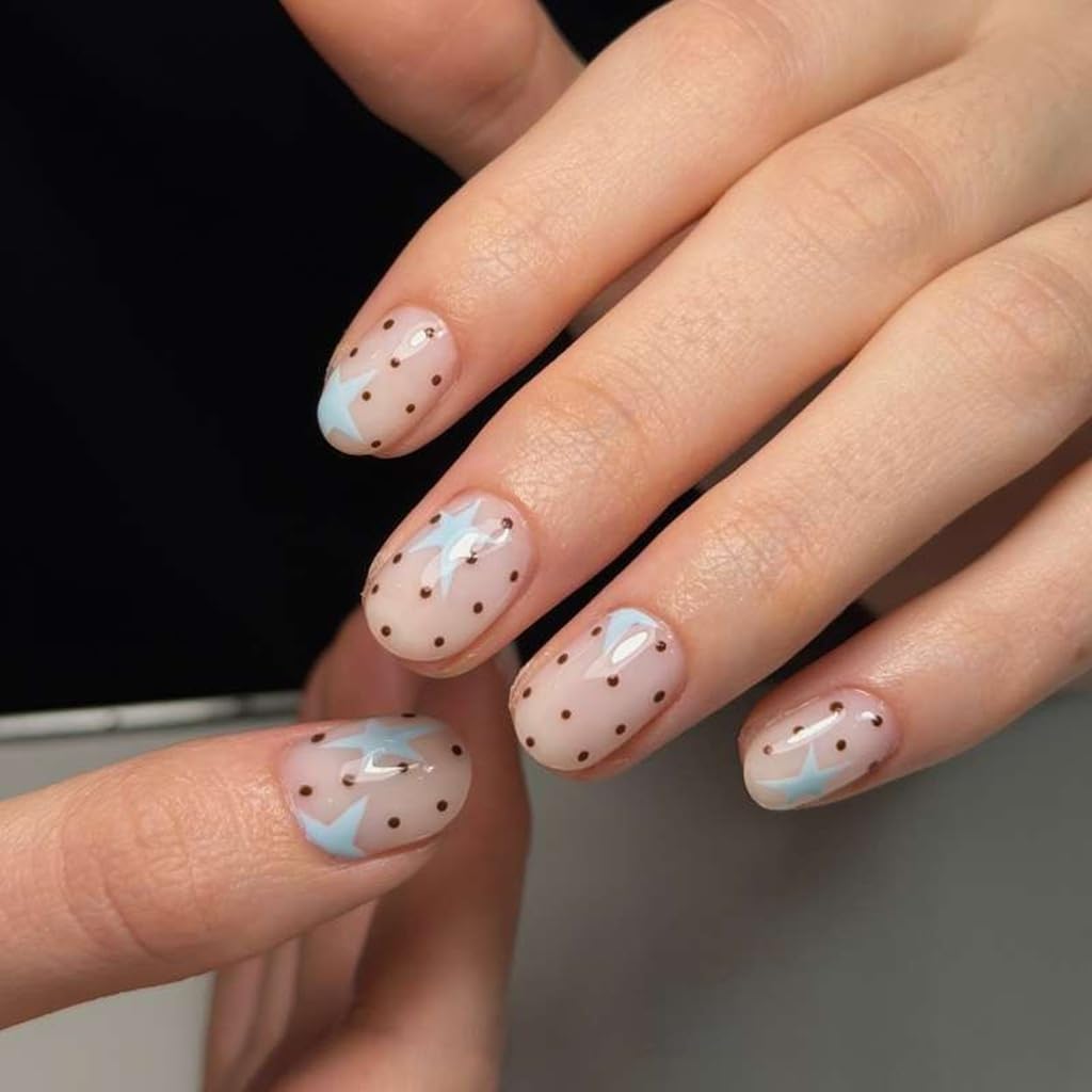 CTTHNBD Short Press on Nails - Square Fake Nails with Blue Star Design - Polka Dot False Nails Press ons - for Women 24 Pcs