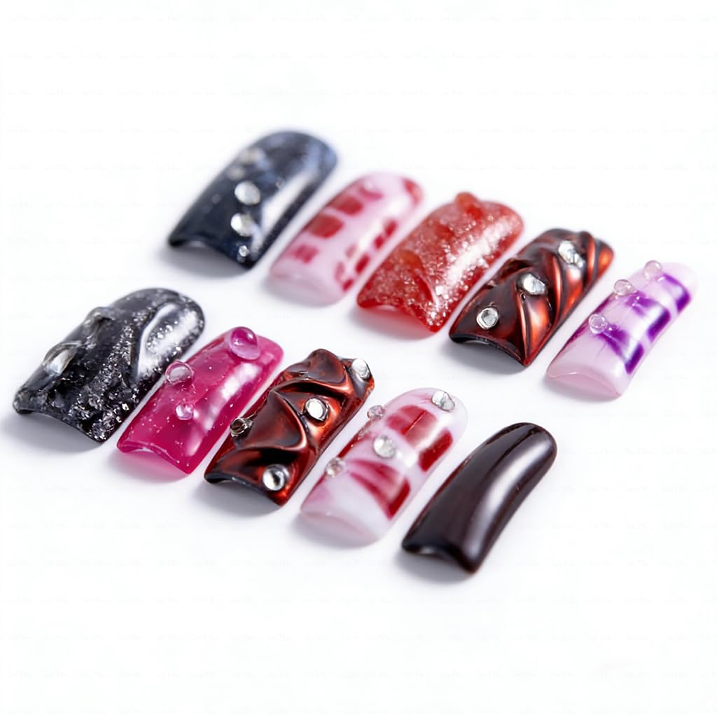 IntoVibes 10 Pieces Candy Pop Mix Long Duck Press On Nails, Multi-Color Y2K Design, Reusable Fake Nails with Mixed Patterns, Reusable Fake Nails, Acrylic Nails (L)
