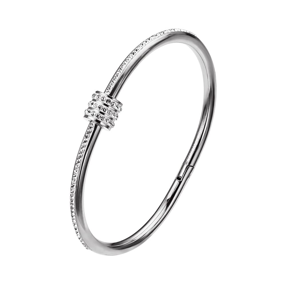Dainty Bangle Bracelet for Women Personalized Cubic Zirconia Stainless Steel Bracelets Tiny Waist Oval Bangles Bracelets Gifts for Love (S)