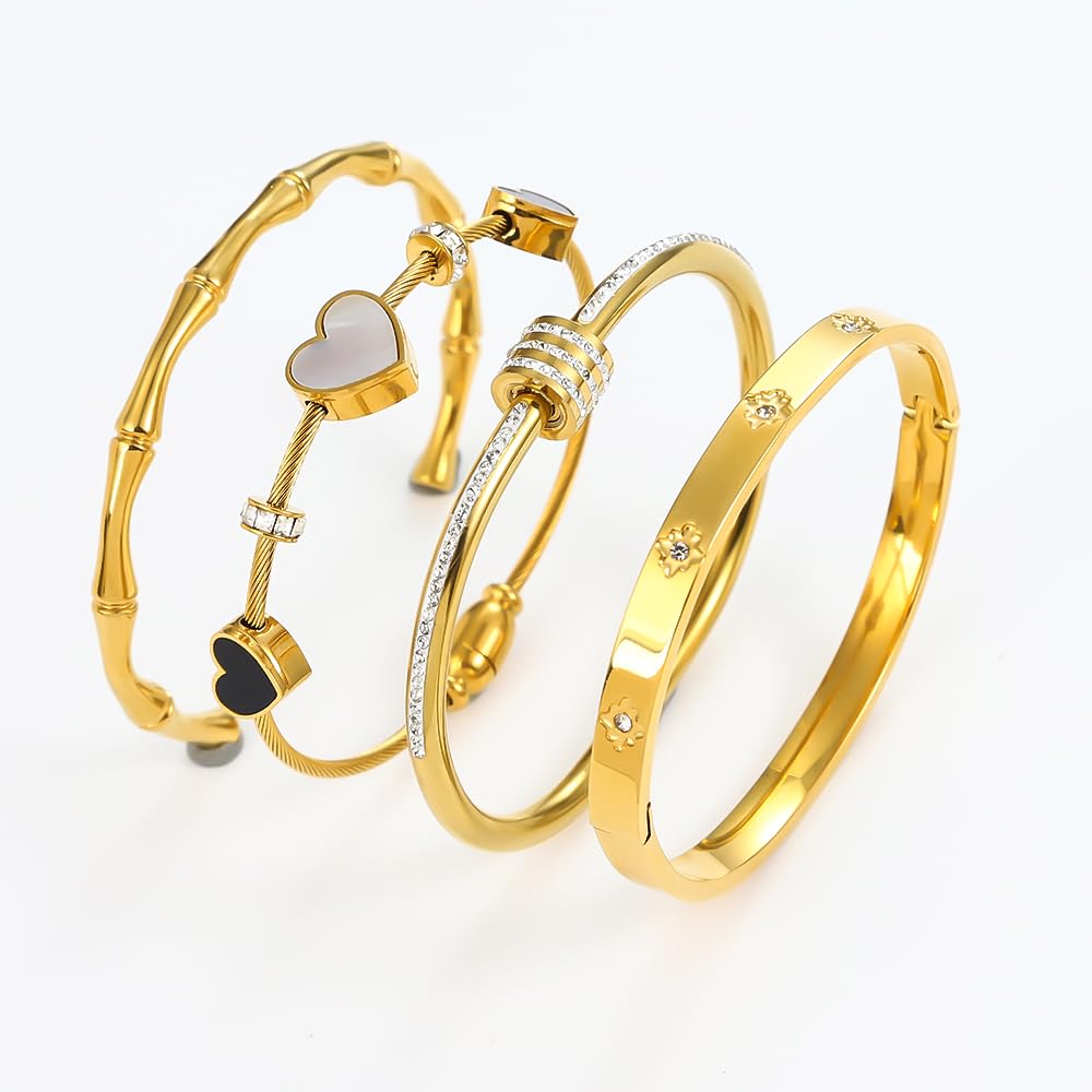 Women's 18K Gold Plated Stainless Steel Bangles & Bracelets Set White Shell Heart Roman Numerals & Cubic Zirconia Twisted Bands Waterproof Tarnish Resistant Hypoallergenic 2.3 Inches (6cm) Stackable Design (4-PC Style A)