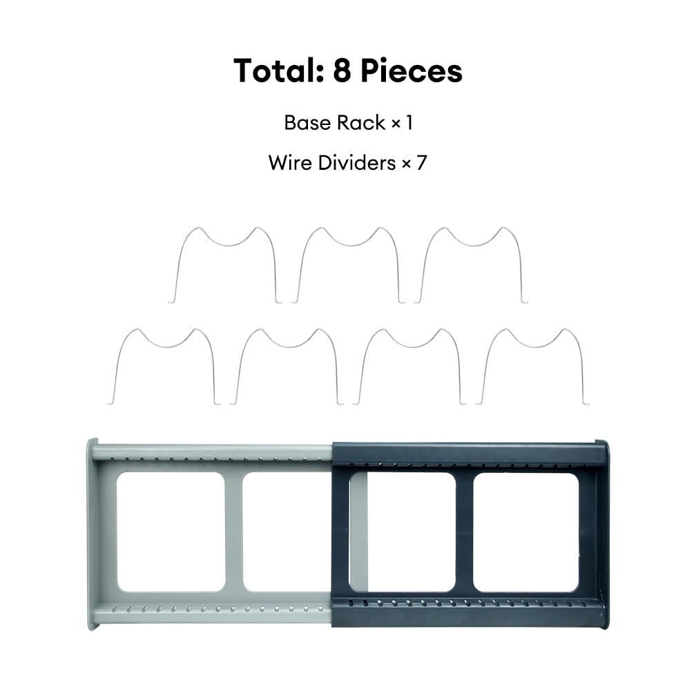 Tenrry Pot and Pan Organizer Rack for Cabinet - Expandable 12" to 22" Kitchen Cabinet Organizer with 7 Dividers, Heavy-Duty ABS Base for Lids, Cutting Boards, Bakeware, Cookware Storage, Grey
