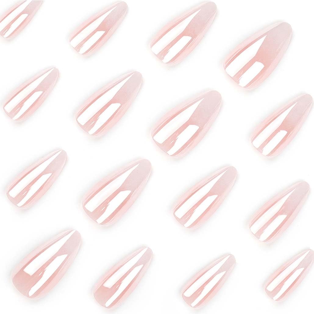 Foccna Press on Nails Medium Long Pink Fake Nails Almond Glossy False Nail Tips Artificial Nails Finger Manicure for Women and Girls-24pcs