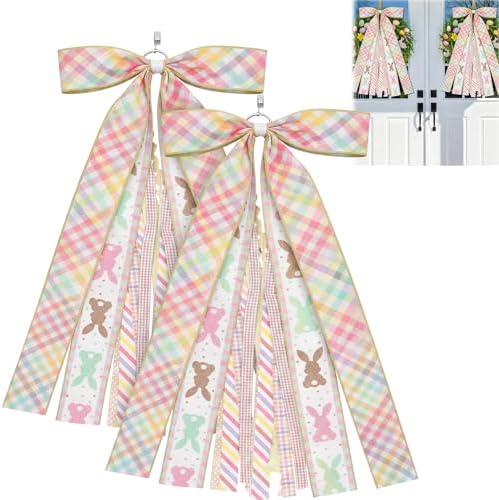 Suncalla 2 Pcs Easter Colorful Rabbits Ribbon Bow for Wreath Front Door
