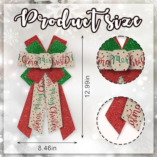 Large Merry Christmas Bow for Wreath, Glitter Red Green Wreath Bow for Christmas D??cor Winter Bow for Front Door Indoor Outdoor Wall Tree Topper Decoration Supplies Xmas Hanging Ornament