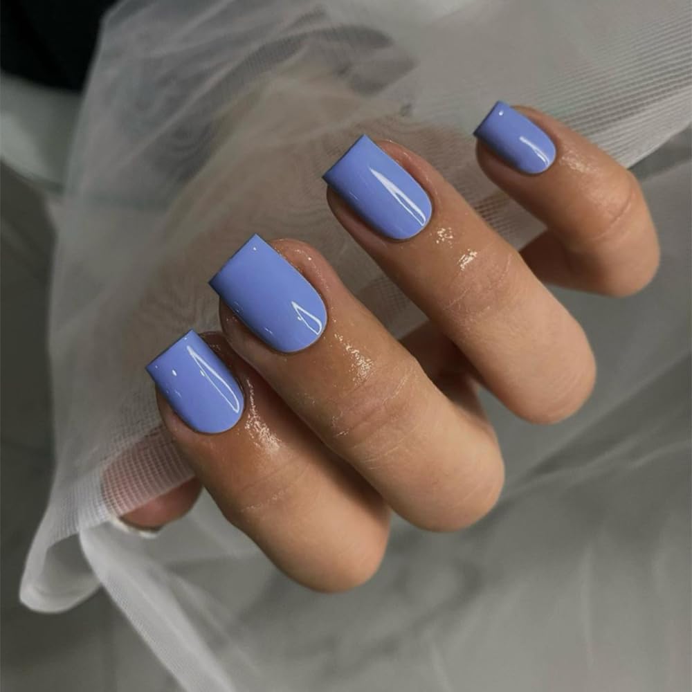 Blue Press On Nails Short Square, KXAMELIE Natural Gel Nails Glue on Acrylic Nails Press ons Featured Protective Coat Thick Reusable Fake Nails Solid Color 24 Short Coffin Artificial Nails