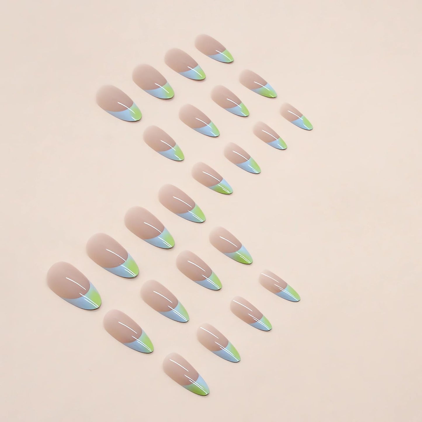 IMSOHOT Almond Press on Nails Medium Green Gradient French Tips Fake Nails with Designs Nude Glossy Full Cover Acrylic False Nails Glue on Nails for Women 24Pcs