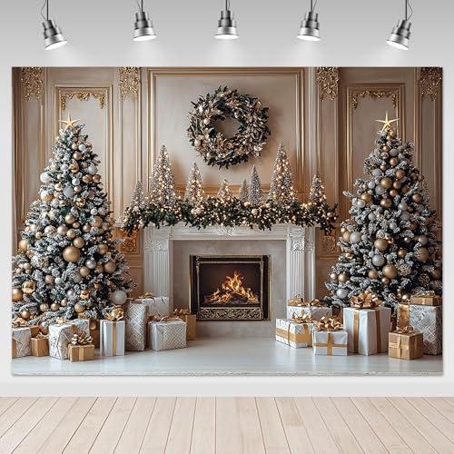 Mocsicka Christmas Fireplace Backdrop Gold Christmas Tree Fireplace Background Photography Decorations Christmas Eve Background Photo Props (8x6ft) - size: 8x6ft