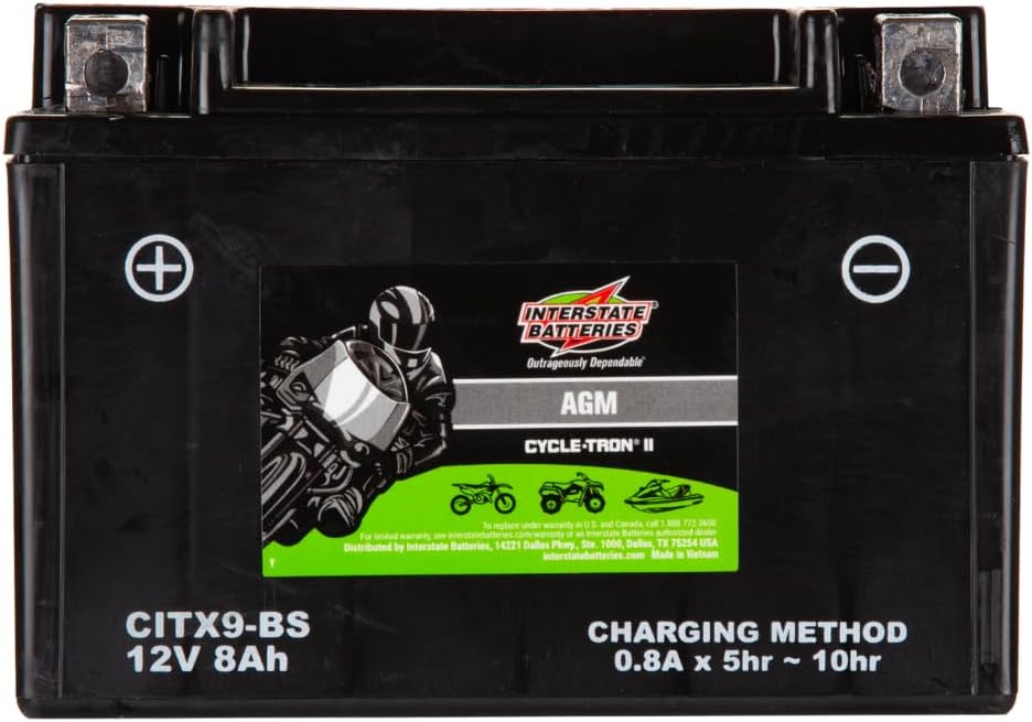 Interstate Batteries YTX9-BS 12V 8Ah Powersports Battery 130CCA AGM Rechargeable Replacement for BMW, Honda, Kawasaki Motorcycles, ATVs, Scooters (CITX9-BS)