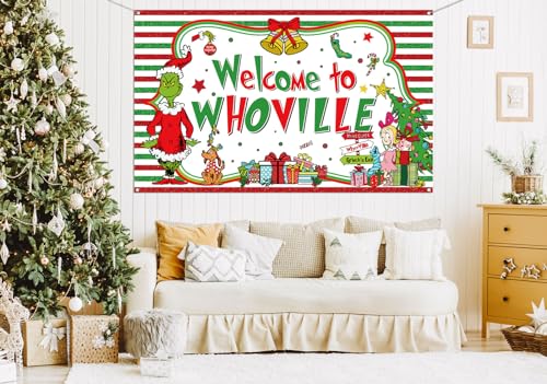Sunwer Welcome Xmas Photo Booth Backdrop Green Christmas Winter Holiday Party Decorations Home Indoor Outdoor Wall Hanging Banner (White-A, 5.9×3.6ft) - size: 5.9×3.6ft