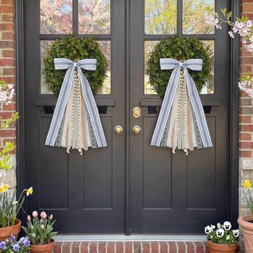 Suncalla 2 Pcs Grayish Blue and Ivory Ribbon Bow for Wreath Front Door