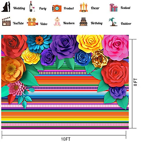 Mexican Theme Party Striped Backdrop Fiesta Cinco De Mayo Paper Flowers Background Party Decoration for Cake Table Decor Photo Booth 10X8FT 071 - size: 10′x8′