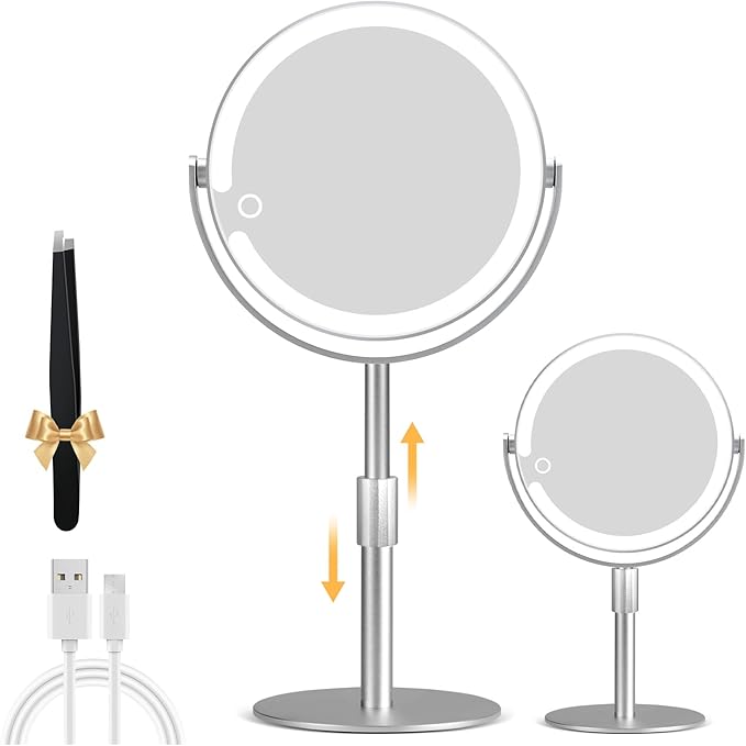Magnifying Mirror with Light 20X, Height-Adjustable Lighted Makeup Mirror with Magnification, Double-Sided Aluminum Alloy LED Mirrors, 3 Lighting Modes Ideal for Bathroom Make-up, Silver