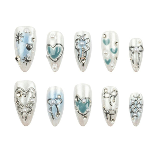 3H Luxury Handmade Press-On Nails Chrome Angel (White Silver, Medium), Reusable False Nails with Whimsical Accent, Gleaming Silver Chrome Finish