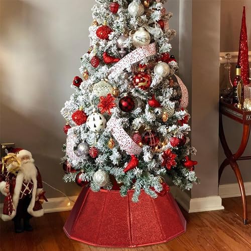 Blissun Fabric Christmas Tree Collar, Glittering Tree Ring, Willow Tree Skirt for Christmas Decorations (Glitter Red)