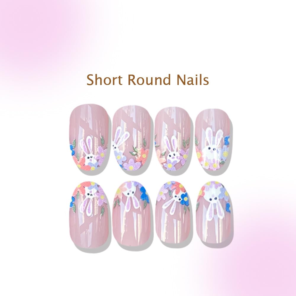 Easter French Press on Nails Medium Almond Matte Fake Nails Spring Daisy Flowers False Nails Cute Rabbit French Acrylic Stick on for Women Easter Holiday Manicure Decoration 24Pcs