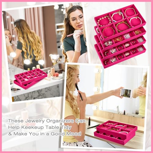 Junkin 12 Pcs Jewelry Tray Velvet Stackable Jewelry Organizer Trays Divided Earring Accessories Storage Containers Box (Rose Red) - color: Rose Red