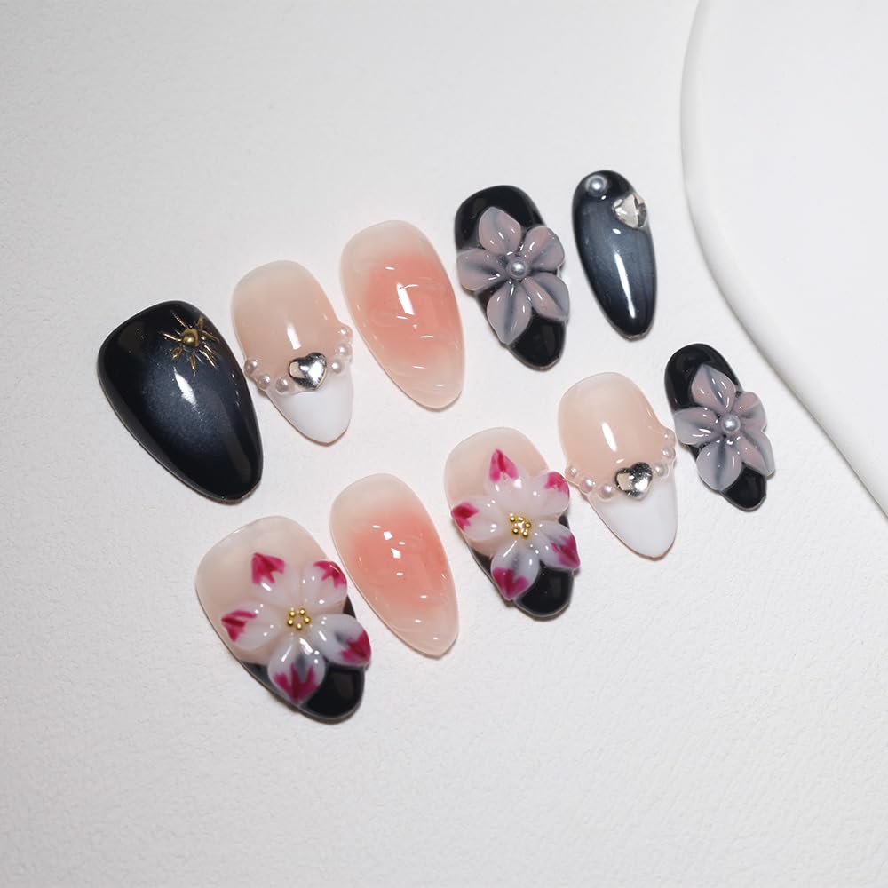 10 Short Almond Handmade Press On Nails | 3D Floral & Heart Accent Elegant Black & Nude Gradient False Nails,New styles | Skip Salon Trips, Easy to Apply & Remove, Reusable (251109, XS)