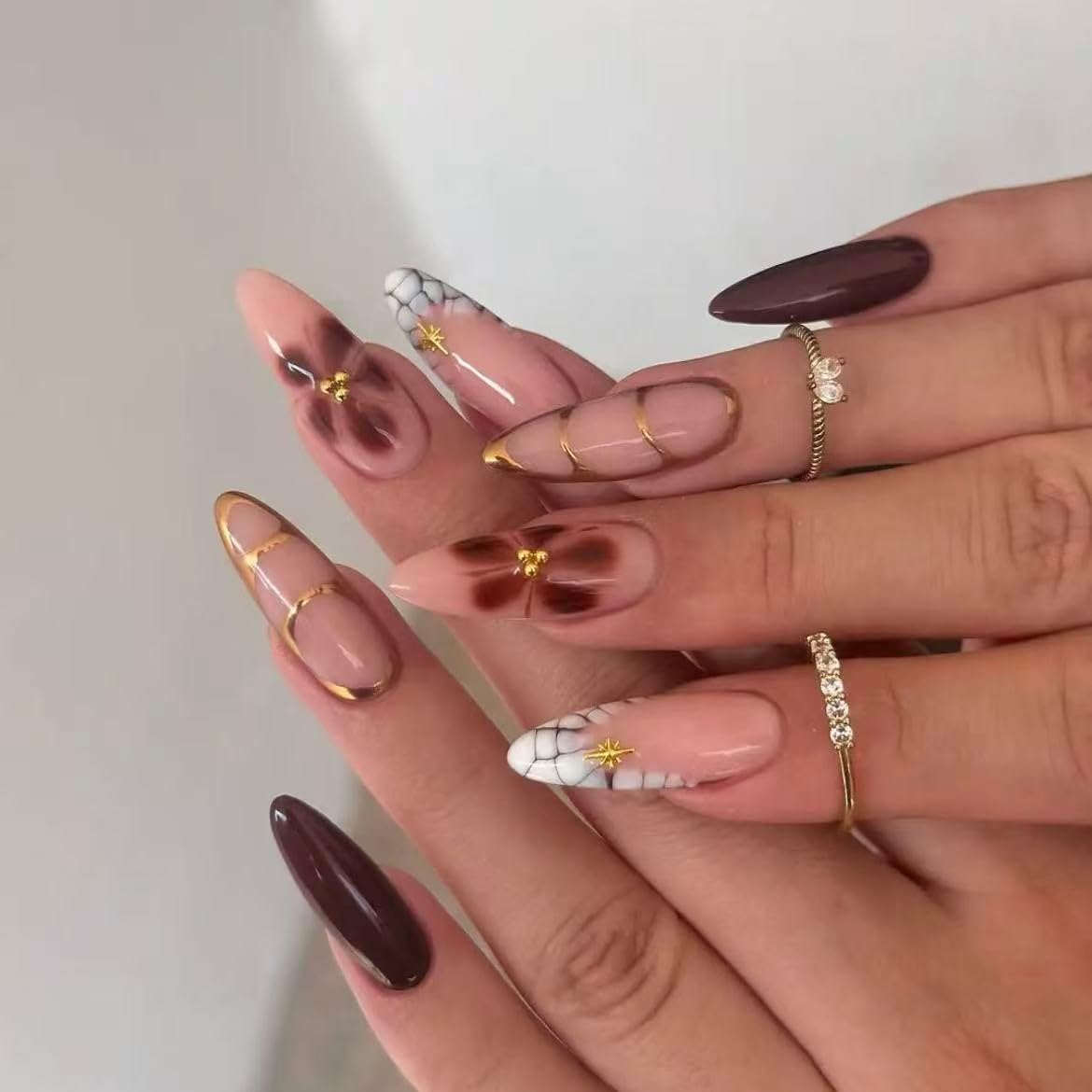 Handmade French Tip Press on Nail Almond Fake ons with Designs Chrome False Nails Long Glossy Full Cover Glue on Nails Stick Women Nails Manicure Decoration 10Pcs (MT-179-M)