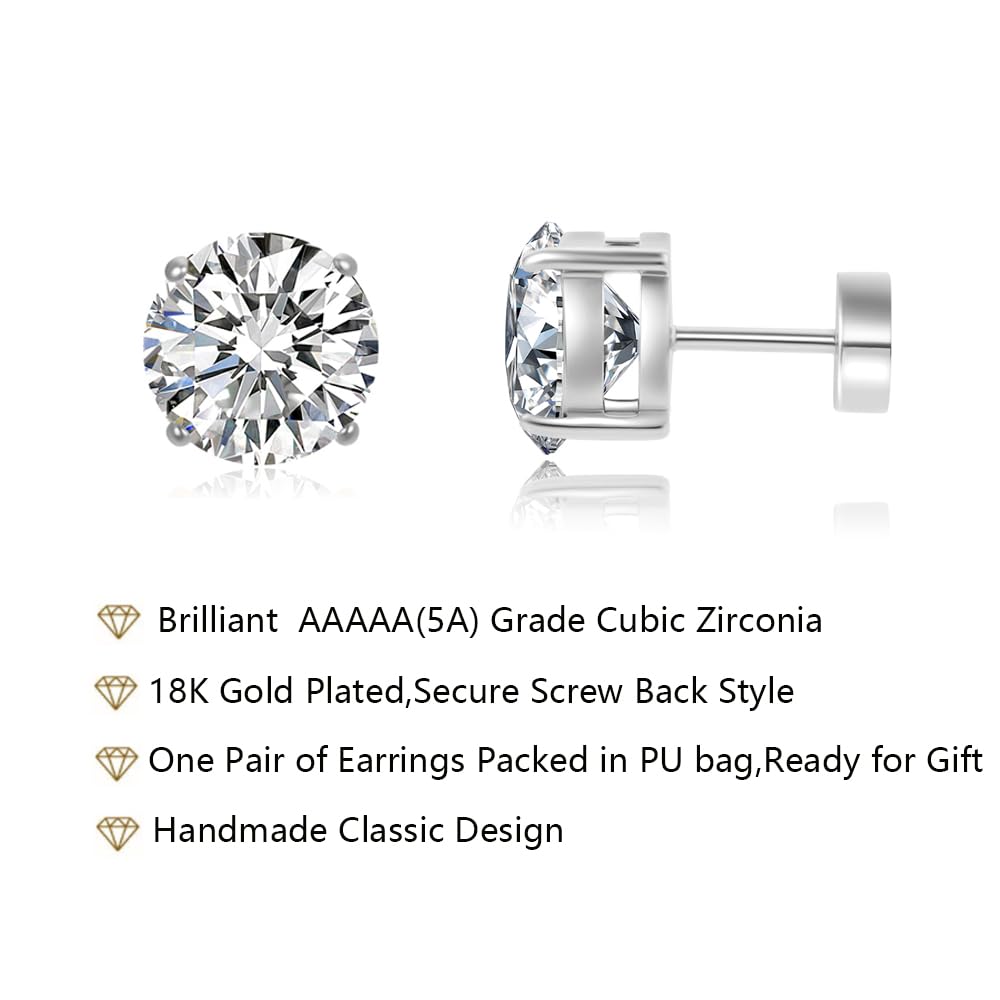 Hypoallergenic Flat Back CZ Stud Earrings, Gold Plated Surgical Steel Secure Screw Back Cartilage Earrings for Women Men with Sensitive Ears | Multiple Piercing,4mm White CZ