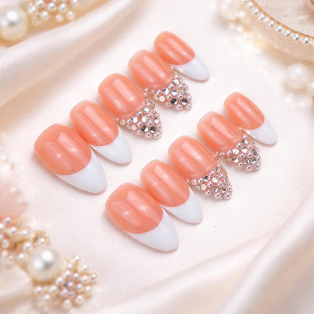 IntoVibes 10 Pieces Handmade Press On Nails Medium Almond, White Thickened French False Nails, Pearls And Rhinestone, Reusable Fake Nails Almond, Reusable Acrylic Nails (M)