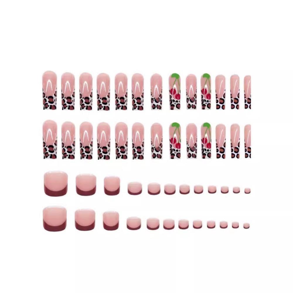 Red French Tips Press on Toenails Leopard Press on Nails Long Square Stick on Nails with Cherry Designs Glossy Skin Tones Fake Toenails Full Cover False Toenails for Women DIY Manicure 48Pcs