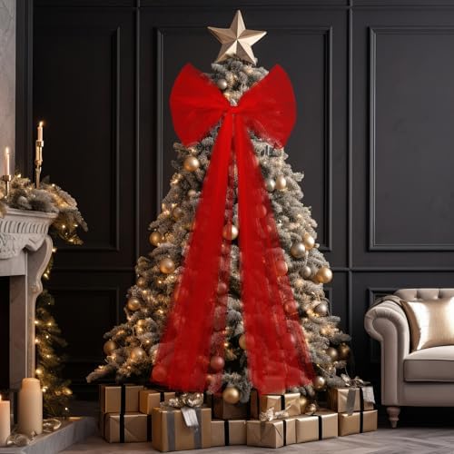 Soulchen 49 Inch Christmas Tree Topper Bow Large Tulle Ribbon,Red