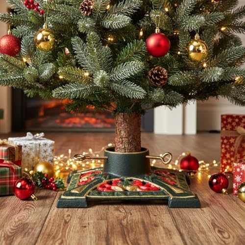 Cinnvoice Cast Iron Christmas Tree Stand for Real Live Trees, Green