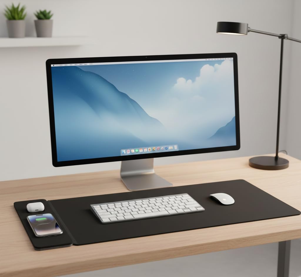Triple C Tech Wireless Charging Desk Mat – 15W MagSafe Compatible & Qi Fast Charger, Detachable Magnetic Charger, Dual-Layer PU Leather with Hidden Felt Storage, 30.7" x 14.6", Black