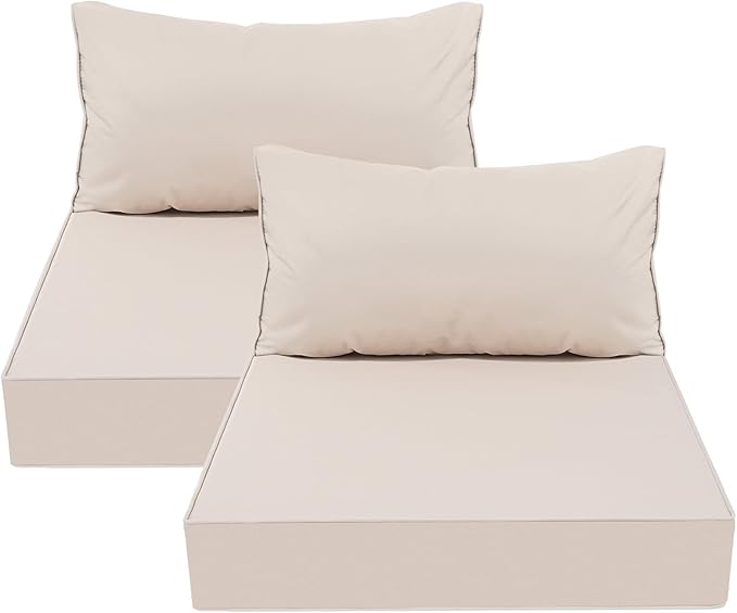 AAAAAcessories Outdoor Deep Seat Cushions, Waterproof, Fade-Resistant Patio Furniture Replacement Cushions, 24" x 24" x 5" + 24" x 13.5", Set of 2, Khaki Beige