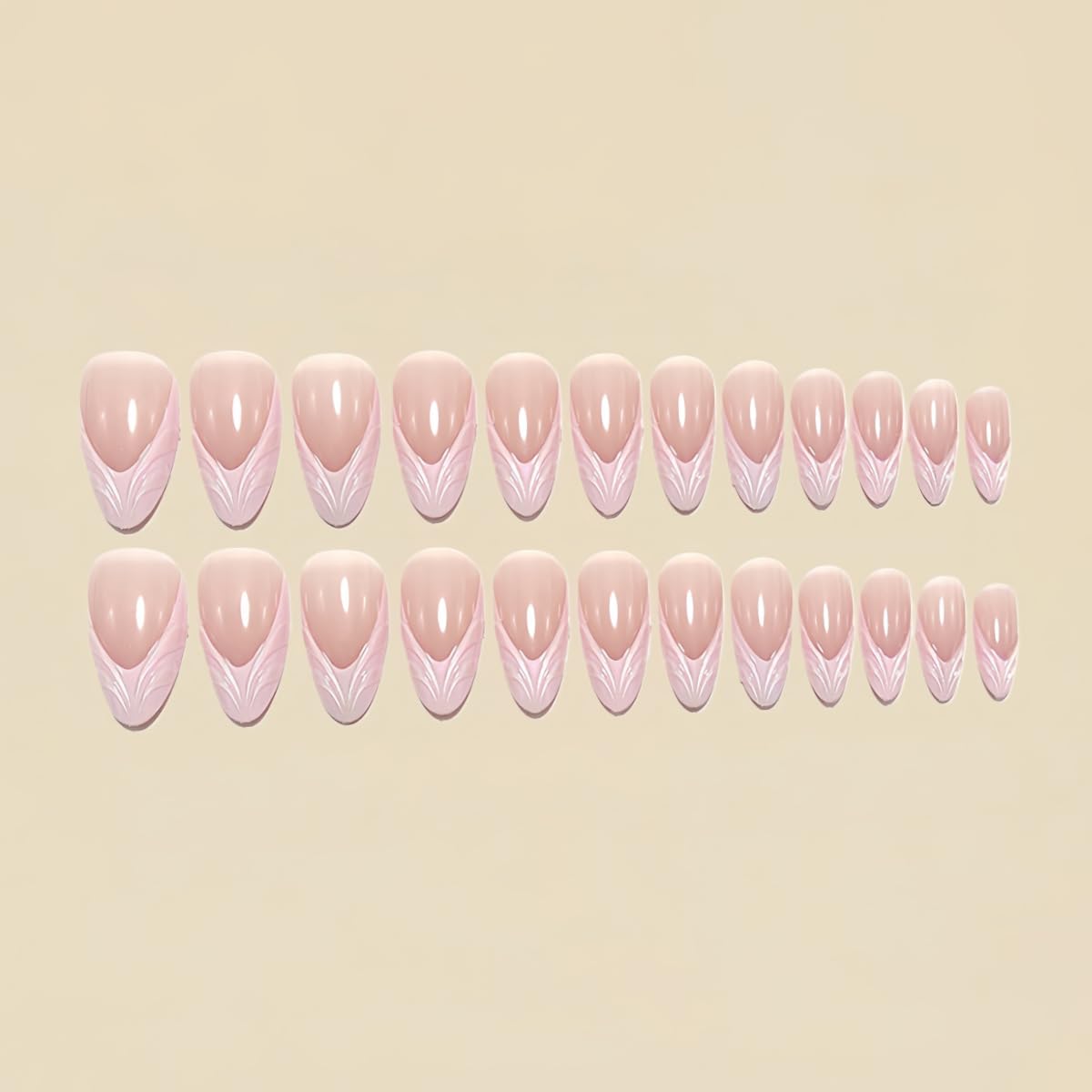 Pink French Tip Press on Nails Medium Almond Fake Nails Glossy Chrome False Nails Press ons 3D Acrylic Nails Shiny Cute Glue on Nails for Women Nail Decoration 24Pcs