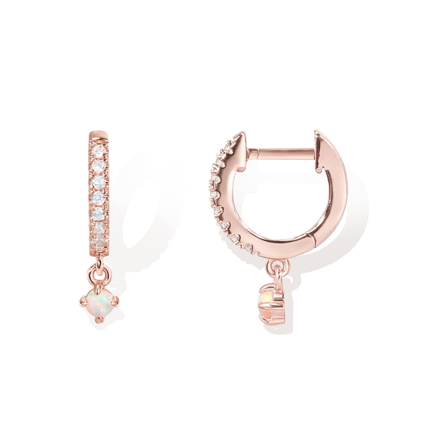 PAVOI 14K Rose Gold Plated 925 Sterling Silver Post Trendy Opal Stone Dangle Huggie Earrings for Women - Small Gold Hinged Gemstone Huggie Hoop Earrings